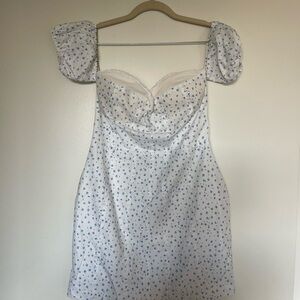 Tiger Mist Sweetheart White Dress with Blue Floral Pattern
